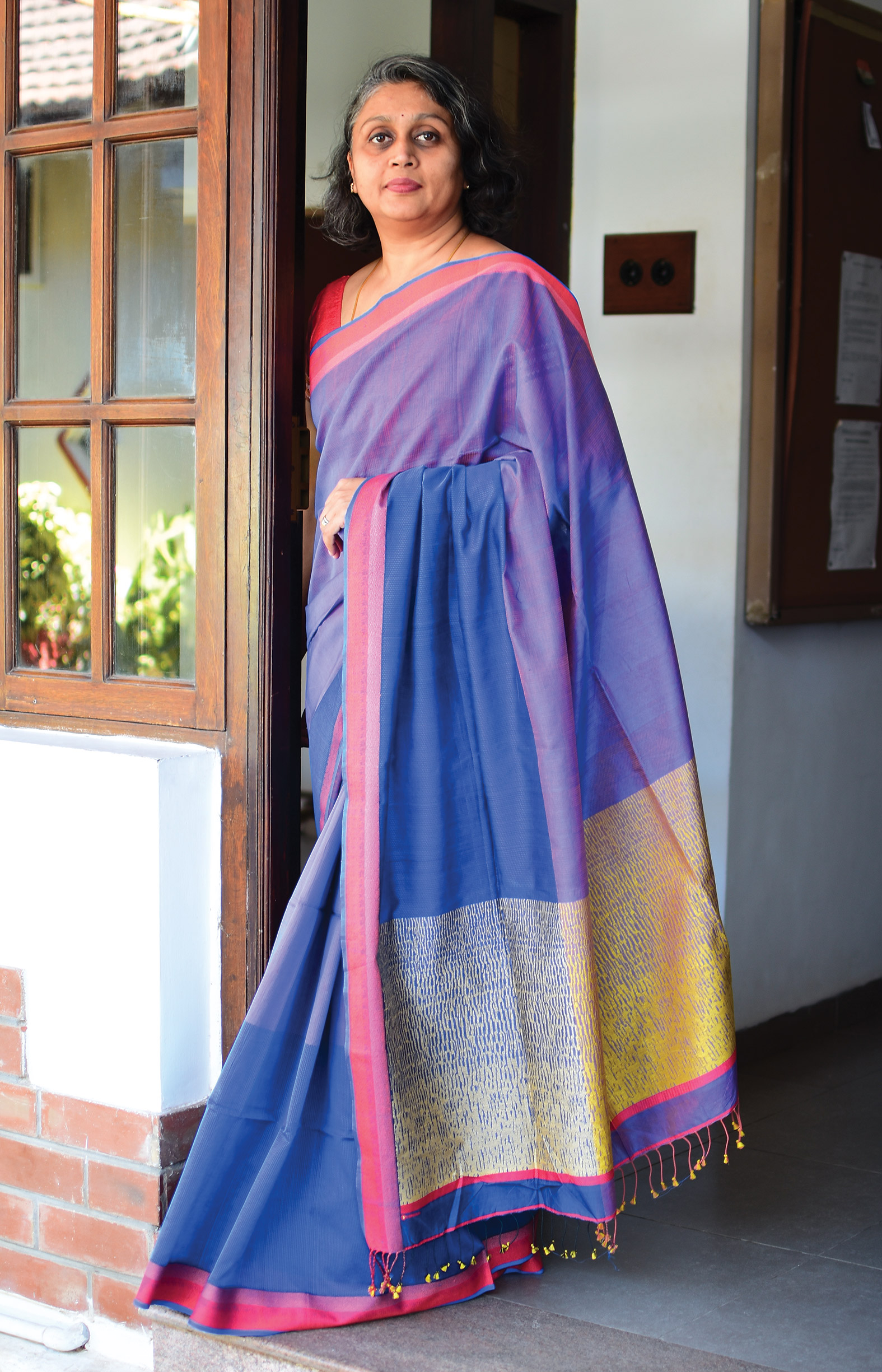 Blue and Purple,  Handwoven Organic Cotton, Textured Weave , Jacquard, Work Wear Saree
